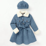 Cozy Cub Vestido Con Cintura De Manga Larga Y Cuello De Felpa Para Ninas Con Sombrero, Estilo Universitario, 2 Unidades/juego