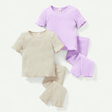 Cozy Cub Conjunto De Cuatro Piezas Para Bebe Nina En unicolor, Top De Manga Corta Acampanada Con Cuello Redondo Y Pantalones Largos