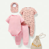 Cozy Cub Recien nacido Bebe unicolor Body & con estampado de dibujos animados Body con pantalones deportivos & Babero & Bolsa de almacenaje