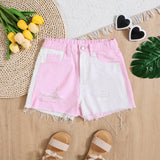 Shorts vaqueros rasgados y lavados, anchos y de estilo bohemio con color-block en tendencia Y2K para nina preadolescente, ropa de verano para ninas en conciertos