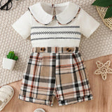 Conjunto de verano para bebe nino con shorts de cuadros al estilo universitario y camisa casual de manga corta