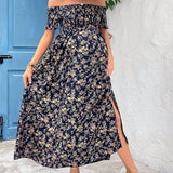 Vestido asimetrico con estampado floral y borde con volantes, diseno sin hombros, abertura lateral y dobladillo largo para mujeres embarazadas en estilo de vacaciones de verano