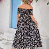 Vestido asimetrico con estampado floral y borde con volantes, diseno sin hombros, abertura lateral y dobladillo largo para mujeres embarazadas en estilo de vacaciones de verano