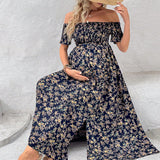 Vestido asimetrico con estampado floral y borde con volantes, diseno sin hombros, abertura lateral y dobladillo largo para mujeres embarazadas en estilo de vacaciones de verano