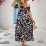 Vestido asimetrico con estampado floral y borde con volantes, diseno sin hombros, abertura lateral y dobladillo largo para mujeres embarazadas en estilo de vacaciones de verano