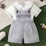 Conjunto de pantalones con tirantes a rayas simples y pantalones cortos retro elegantes y camisa de manga corta para bebe nino