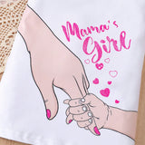 Vestido de manga corta lindo y calido con tematica del Dia de la Madre para bebes y madres con lema de letra, patron de corazon de mano a mano