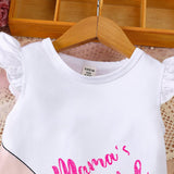 Vestido de manga corta lindo y calido con tematica del Dia de la Madre para bebes y madres con lema de letra, patron de corazon de mano a mano