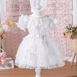 NEW  Vestido de tela elegante y romantico en blanco con flores en 3D para bebe nina, ideal para fiestas en primavera y verano