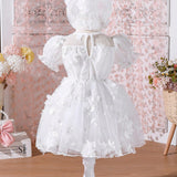 NEW  Vestido de tela elegante y romantico en blanco con flores en 3D para bebe nina, ideal para fiestas en primavera y verano