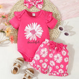 Conjunto rosa de primavera/verano para bebe nina con atuendo estampado de flores divertido y lindo y diadema a juego