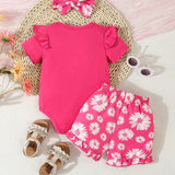 Conjunto rosa de primavera/verano para bebe nina con atuendo estampado de flores divertido y lindo y diadema a juego