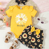 Mono con shorts para bebe nina con estampado florar lindo de primavera/verano, diadema con patron de margaritas y girasoles