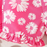 Conjunto rosa de primavera/verano para bebe nina con atuendo estampado de flores divertido y lindo y diadema a juego