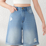 Shorts largos de mezclilla holgados, lavados, rotos y enrollados estilo Boho de la tendencia Y2K para chicas adolescentes, atuendos de concierto de ropa de verano para ninas