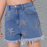 Shorts informales de mezclilla con forma de estrella y diamantes de imitacion adornados para ninas preadolescentes, lindos y versatiles.