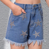 Shorts informales de mezclilla con forma de estrella y diamantes de imitacion adornados para ninas preadolescentes, lindos y versatiles.