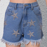 Shorts informales de mezclilla con forma de estrella y diamantes de imitacion adornados para ninas preadolescentes, lindos y versatiles.