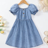 Young Girl Simple And Versatile Holiday Leisure Button Front Puff Sleeve Loose And Comfortable Denim Dress