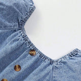 Young Girl Simple And Versatile Holiday Leisure Button Front Puff Sleeve Loose And Comfortable Denim Dress