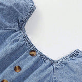 NEW Young Girl Simple And Versatile Holiday Leisure Button Front Puff Sleeve Loose And Comfortable Denim Dress