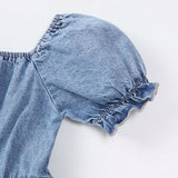 Young Girl Simple And Versatile Holiday Leisure Button Front Puff Sleeve Loose And Comfortable Denim Dress