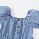 Young Girl Simple And Versatile Holiday Leisure Button Front Puff Sleeve Loose And Comfortable Denim Dress