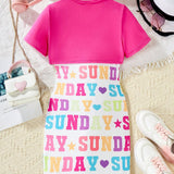 Conjunto de dos piezas para verano casual de nina adolescente con camiseta corta de manga corta y vestido de tirantes con impresion de letras