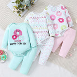 6 Piezas/set Set De Body Y Pantalon Para Nina Con Estampado De Donuts, Atuendo Para Estar En Casa