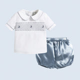 Conjunto De Camiseta Y Shorts De Manga Corta Para Bebe Con Cuello De Muneca Bordado De Velero Para Bebe Nino