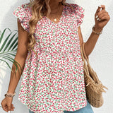 Blusa casual estampada de flores pequenas con ribete de volantes para vacaciones de verano en la maternidad