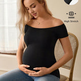 Camiseta de maternidad sin hombros unicolor, basica y casual para primavera-verano para uso diario