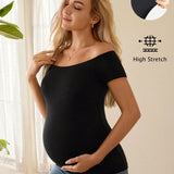 Camiseta de maternidad sin hombros unicolor, basica y casual para primavera-verano para uso diario