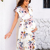 DEARCASE Vestido de maternidad con estampado floral, dobladillo con cordon y volantes, mangas Dolman y corte A