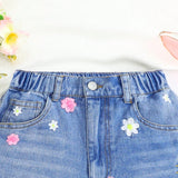 Pantalones cortos informales de mezclilla para nina adolescente con flores bordadas caricatura y bolsillos sueltos