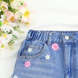 Pantalones cortos informales de mezclilla para nina adolescente con flores bordadas caricatura y bolsillos sueltos