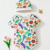 NEW Enterizo casual de primavera/verano para bebe con patron de verduras y frutas y sombrero, outfit para uso diario