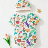 NEW Enterizo casual de primavera/verano para bebe con patron de verduras y frutas y sombrero, outfit para uso diario