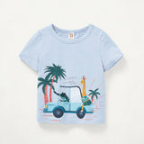 NEW Cozy Cub Conjunto de 3 piezas de camisetas de cuello redondo suave para bebe con patron de arbol de coco, jirafa y coche para dias festivos