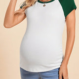 Camiseta de maternidad joven casual de cuello redondo de manga corta, ajuste regular, colorblock delgada para el embarazo