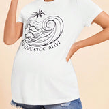 Camiseta de manga corta con cuello redondo para mujeres embarazadas de vacaciones en la isla con patron de arbol de coco en la parte delantera