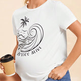 Camiseta de manga corta con cuello redondo para mujeres embarazadas de vacaciones en la isla con patron de arbol de coco en la parte delantera