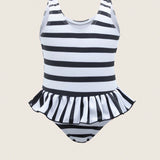 NEW  Mono casual con diseno de rayas para bebe recien nacida con borde con volantes para traje de bano en vacaciones