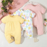 NEW  Conjunto de 2 piezas para ninas bebes, combinacion simple de colores puros con top de manga corta y pantalon largo estampado completo de frutas, set de 3 para uso en casa