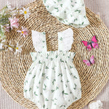 NEW Body elegante y fresco para bebe nina con mangas de encaje y lazo con sombrero, estilo de vacaciones de primavera verano