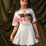 TEENAGE MUTANT NINJA TURTLES X  Conjunto de ademas de talla con camiseta extragrande de manga caida con diseno tie-dye y grafico de caricatura y falda plisada elegante para nina preadolescente