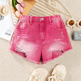 Shorts de denim de moda casual para ninas (grandes) nuevos con agujeros, color rosa lavado