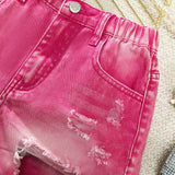 Shorts de denim de moda casual para ninas (grandes) nuevos con agujeros, color rosa lavado