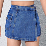 Denim Skort Para Ninas Preadolescentes Con Detalle De Envoltura De Volante, Lavado