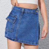 Denim Skort Para Ninas Preadolescentes Con Detalle De Envoltura De Volante, Lavado